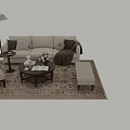 Beige Sofa and Wooden Coffee Table Set with Accent Chair Patterned Rug and Floor Lamp