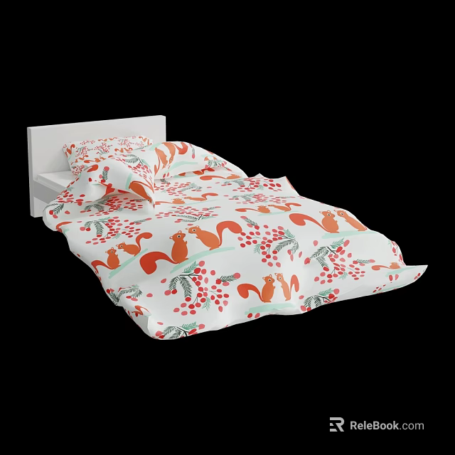 Cute Children's Bed With Squirrel And Red Berries White Bedding And White Headboard 3d model 