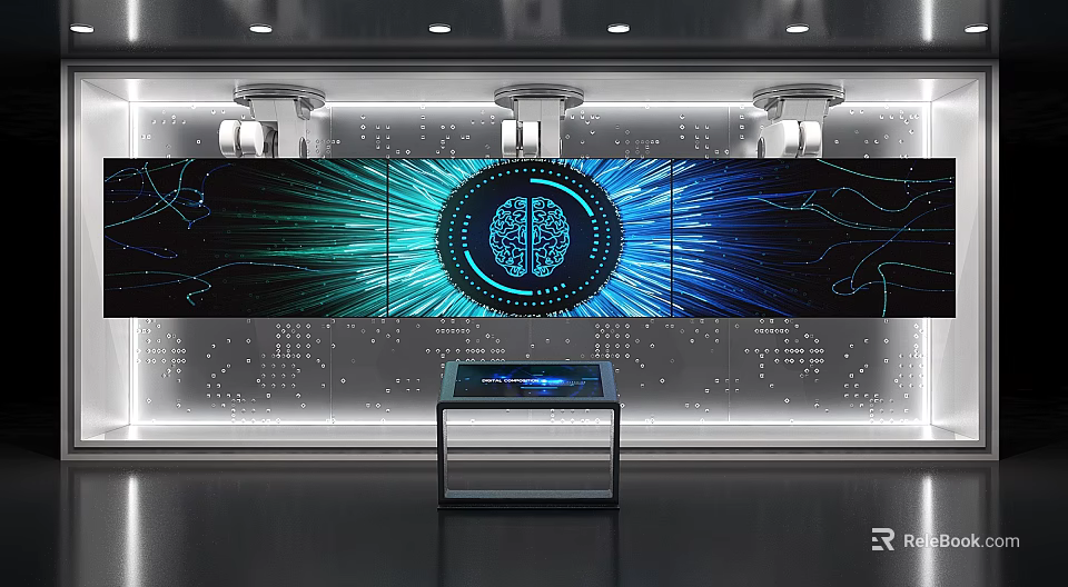 Modern Exhibition Hall Featuring Brain Themed Digital Display And Interactive Console 3d model 