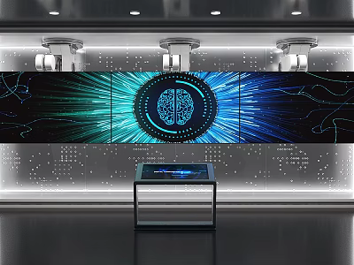 Modern Exhibition Hall Featuring Brain Themed Digital Display And Interactive Console 3d model