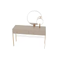 Elegant Modern Dressing Table With White Cabinet Gold Metal Frame And Round Mirrors