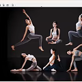Women Performing Various Yoga Poses In Sportswear Against Dark Reflective Background