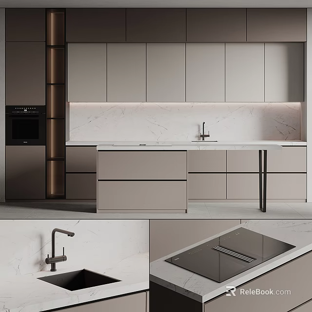 Elegant Modern Kitchen Interior Design With Light Gray Cabinets And Marble Countertop 3d model 
