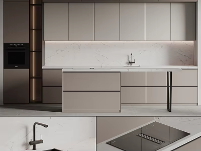 Elegant Modern Kitchen Interior Design With Light Gray Cabinets And Marble Countertop 3d model