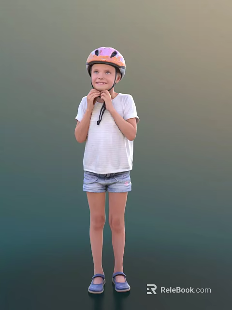 Young Girl Wearing Helmet In White Striped T shirt And Denim Shorts Against Green Background 3d model 