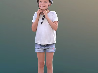 Young Girl Wearing Helmet In White Striped T shirt And Denim Shorts Against Green Background 3d model
