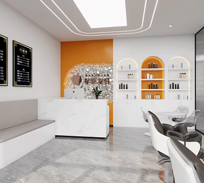 Modern Beauty Salon Interior Design With White Marble Reception Desk And Orange Wall Product Shelves 3d model