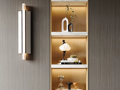 Elegant Decorative Ornament Combination With Wall Lamp Vase Table Lamp Books Hourglass On Wooden Shelves 3d model
