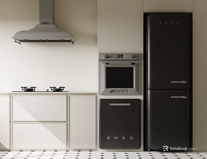 Smeg Modern Kitchen Appliances Range Hood Gas Stove Oven Dishwasher Refrigerator White And Black Design 3d model 