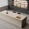Modern Bar Counter with Beige Stone Countertop Vase Decoration Two Chairs Black Cabinets Arched Shelf