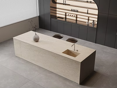 Modern Bar Counter with Beige Stone Countertop Vase Decoration Two Chairs Black Cabinets Arched Shelf 3d model