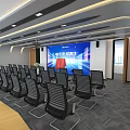 Modern Conference Room Interior Design With Large Screen Chairs And Wooden Long Table