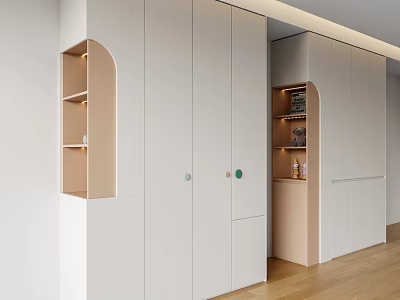 Modern White Wardrobe Interior Design With Built-in Open Shelves Minimalist Style And Wooden Flooring 3d model