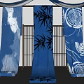 Elegant Blue And White Ceiling Drapery Design With Bamboo And Circular Patterns 3d model