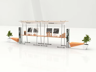 Modern Lounge Area Interior With Wooden Pergola Display Counters And Green Plants 3d model