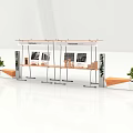 Modern Lounge Area Interior With Wooden Pergola Display Counters And Green Plants