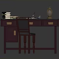 Deep Red Writing Desk With Matching Chair Open Notebook Quill Pen Inkwell And Lamp