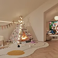 Cozy Modern Playroom With Hanging Swing Round Table Stools And Circular Rug
