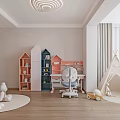 Wildlife Themed Kids Room Interior With White Wardrobe Bed Toys Wooden Floor And Round Light