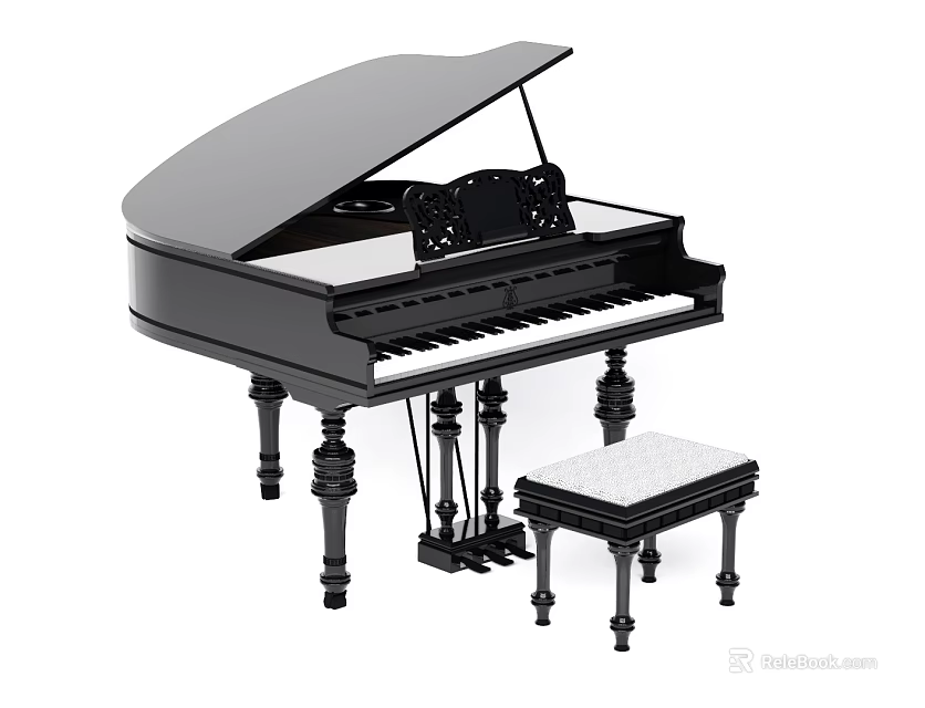 Classic Black Grand Piano Musical Instrument With Wooden Stool And Keys 3d model 