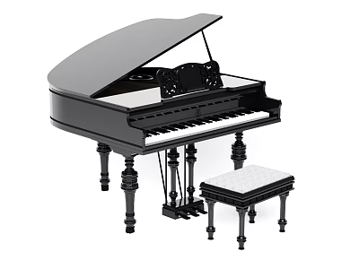 Classic Black Grand Piano Musical Instrument With Wooden Stool And Keys 3d model