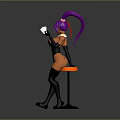 3D Character With Purple Ponytail In Orange Black Bodysuit Sitting On Bar Stool Holding Glass