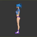 3D Game Character Design Featuring Blue Hair Purple Bikini Blue Jacket And Purple Boots