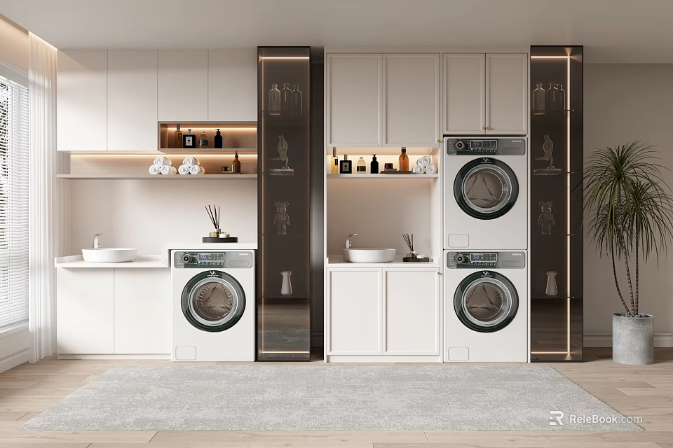 Modern White Bathroom Cabinetry Featuring Washing Machine Dryer Sink and Glass Doors 3d model 