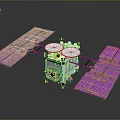 Detailed Satellite Structure With Purple Solar Panels Golden Body And White Antennas