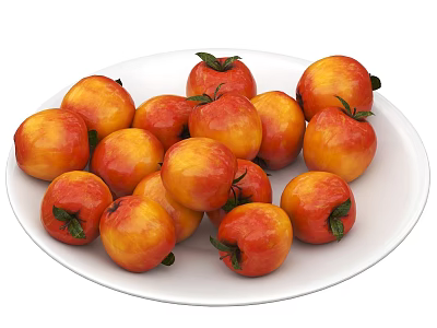 Fresh Ripe Peaches With Green Leaves Served On White Plate 3d model