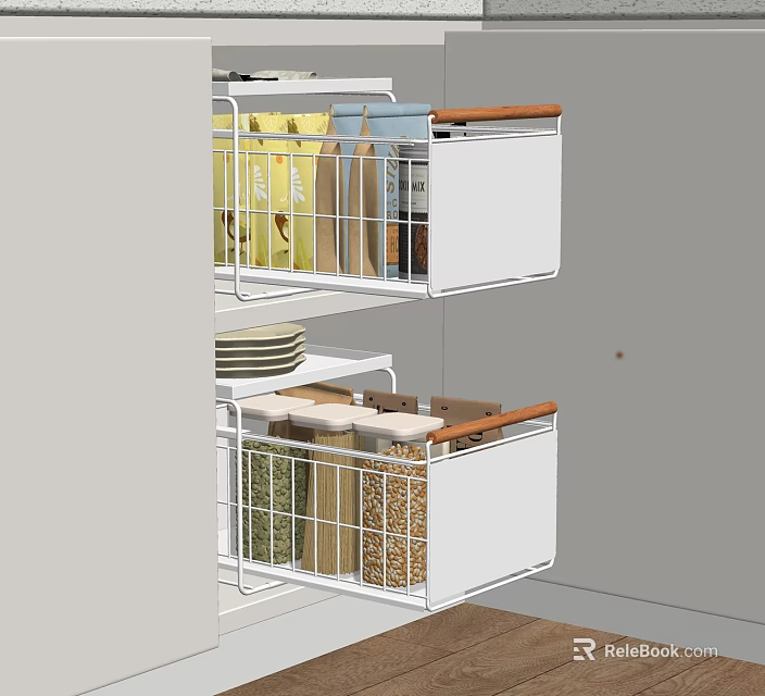 Kitchen Drawer Organizers With Wooden Handles And Organized Food Storage Containers 3d model 