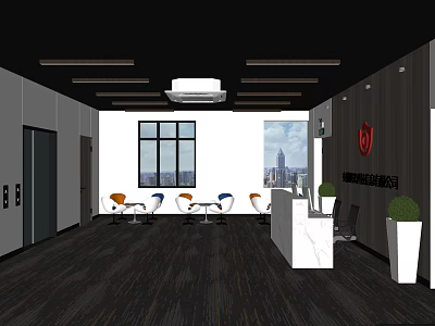 Modern Office Reception Area With White Desk Chairs Window City View Logo And Plant 3d model