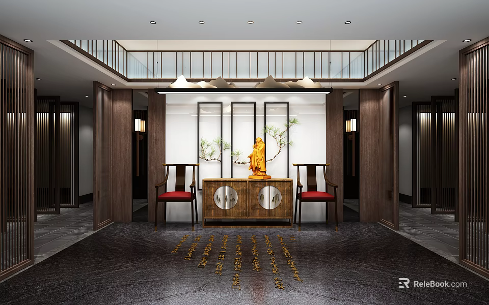 Chinese Entryway Hallway With Wooden Screen Red Chairs Buddha Statue And Golden Characters On Floor 3d model 