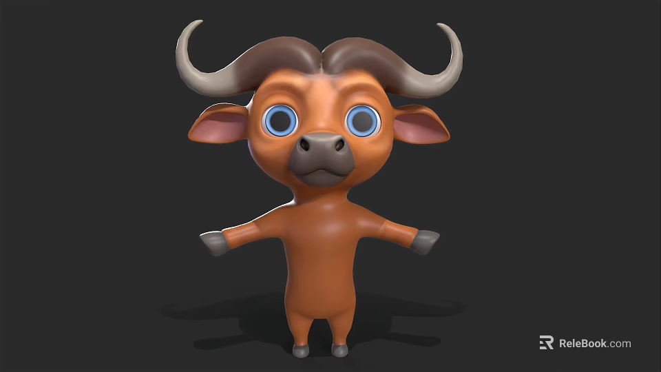 Cartoon Buffalo 3D Model With Large Horns Big Blue Eyes And Open Arms 3d model 