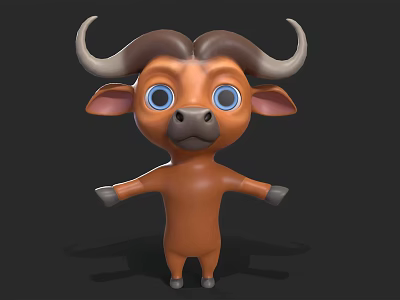 Cartoon Buffalo 3D Model With Large Horns Big Blue Eyes And Open Arms 3d model
