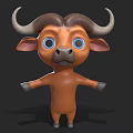 Cartoon Buffalo 3D Model With Large Horns Big Blue Eyes And Open Arms