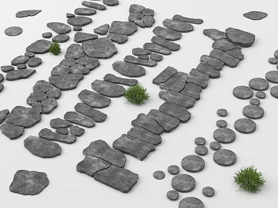 Natural Stepping Stones Pathway In Garden With Irregular Stones And Small Plants 3d model
