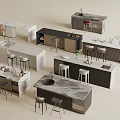 Modern Dining Table Combination With Marble Counter Island And Bar Stools 3d model