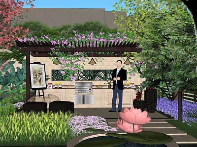 Beautiful Garden Courtyard with Pergola Climbing Purple Flowers Outdoor Kitchen and Pink Lotus 3d model