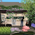 Beautiful Garden Courtyard with Pergola Climbing Purple Flowers Outdoor Kitchen and Pink Lotus