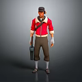 Game Character 3D Model With Red Coat White Undershirt Brown Pants Gray Gloves Holding Tool