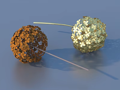 Spherical Metal Sculptural Carvings With Floral Hollow Patterns Orange Gold Slender Rods Blue Background 3d model