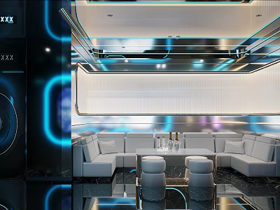 Modern KTV Private Room With Neon Lights White Sofas And Stools 3d model