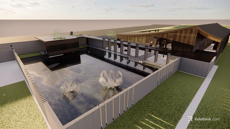 Modern Architectural Landscape With Reflective Pool Transparent Sculptures Green Lawn And Roof Top Plants 3d model 