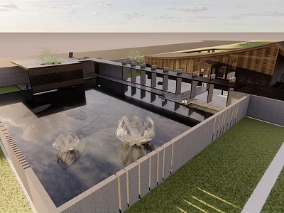 Modern Architectural Landscape With Reflective Pool Transparent Sculptures Green Lawn And Roof Top Plants 3d model