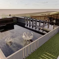 Modern Architectural Landscape With Reflective Pool Transparent Sculptures Green Lawn And Roof Top Plants