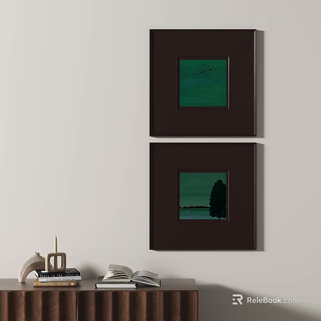 Two Abstract Paintings In Dark Frames Hanging On Wall With Green Tones And Minimal Lines 3d model 