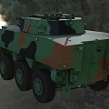 Military Wheeled Armored Tank Featuring Green Brown Camouflage In Grassland Woodland