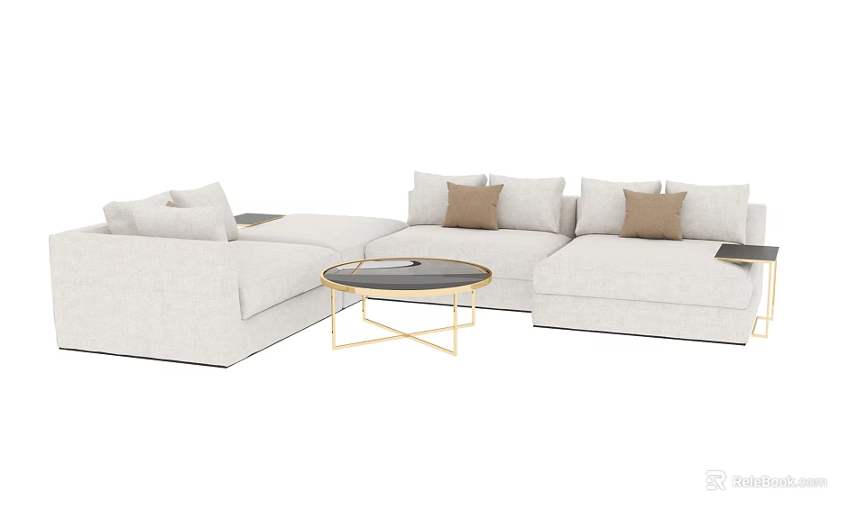 Light Beige Linen Sectional Sofa With Decorative Pillows And Gold Frame Coffee Table 3d model