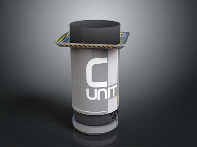 Gray Cylindrical Washbasin With Black Top Yellow Black Warning Stripes And C UNIT Logo 3d model